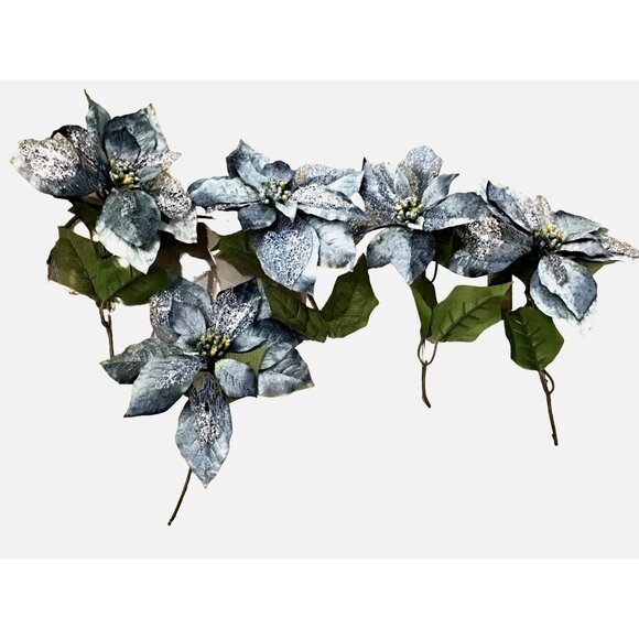 PACK OF 5 CHRISTMAS DECOR ARTIFICIAL FLOWERS 12" STEM BLUE/GREY POINSETTIAS - Picture 1 of 5